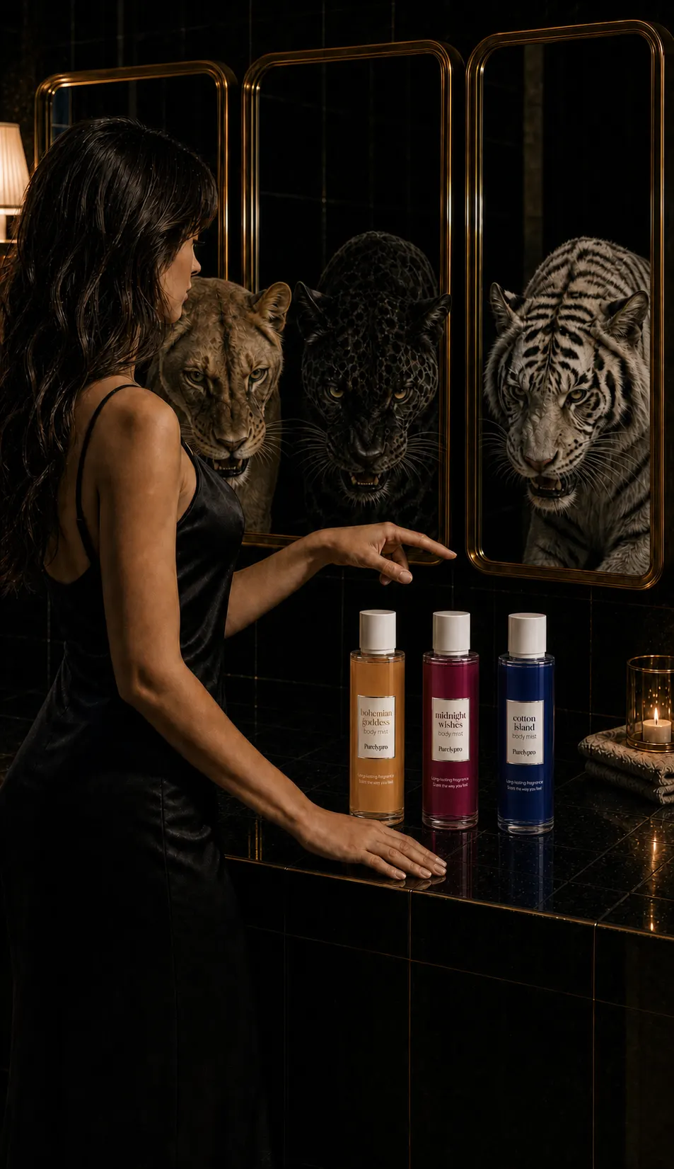 Aynada üç hayvan yansıması ve tezgahta Purelypro body mist üçlüsü