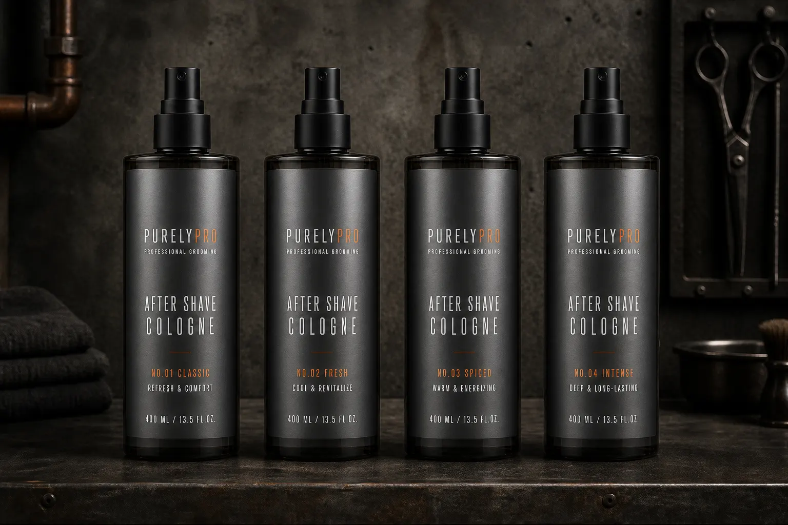 PurelyPro After Shave Cologne No.01, No.02, No.03 ve No.04 yan yana